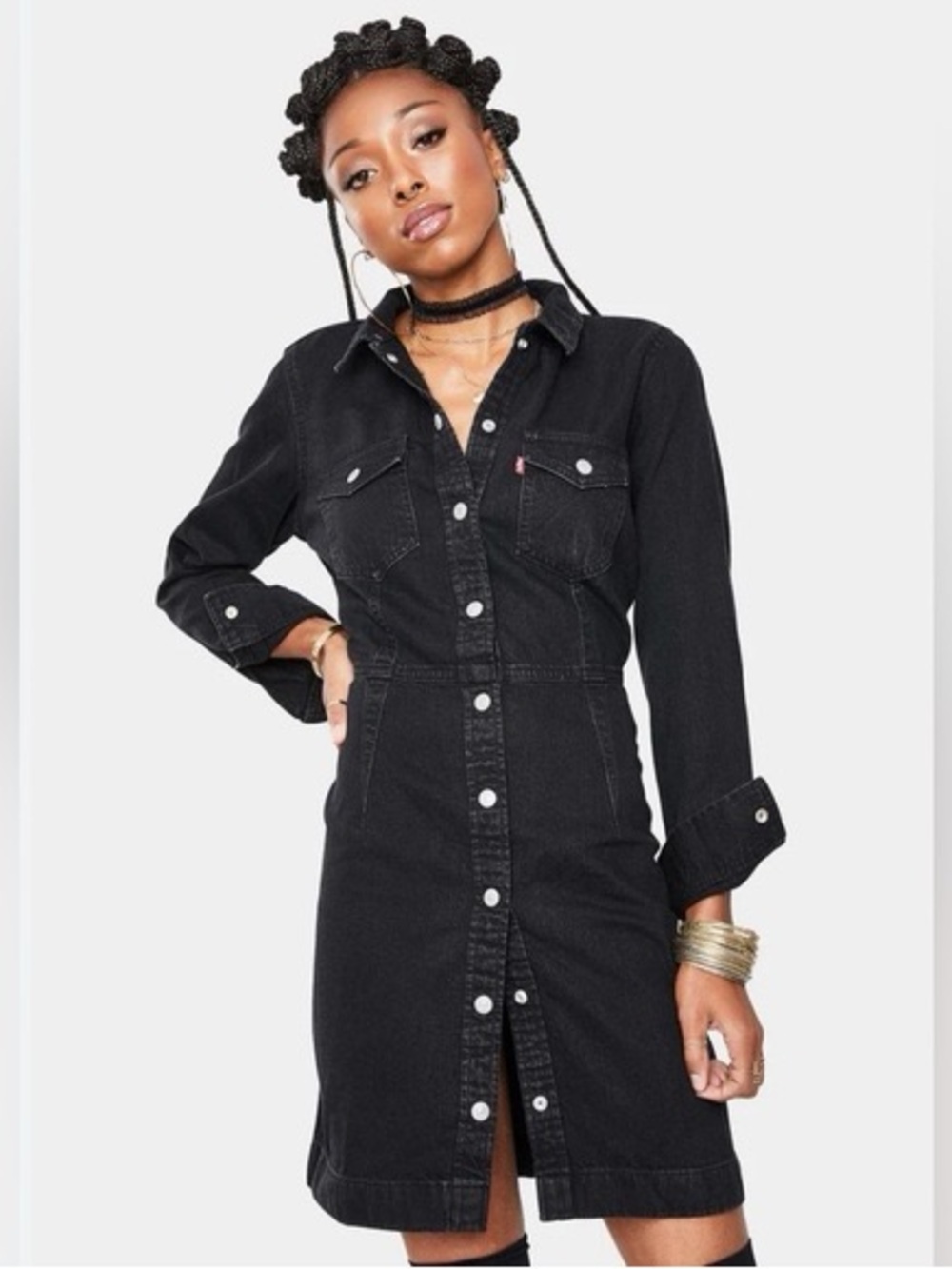 Levi’s Gray Black Denim Shirt Dress Small Snap Front Long Sleeve Western Casual